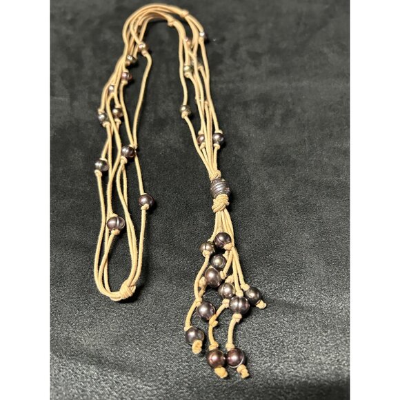 Black Tahitian pearls suede Cord necklace, lariat style Y necklace, 32" long - Picture 1 of 6